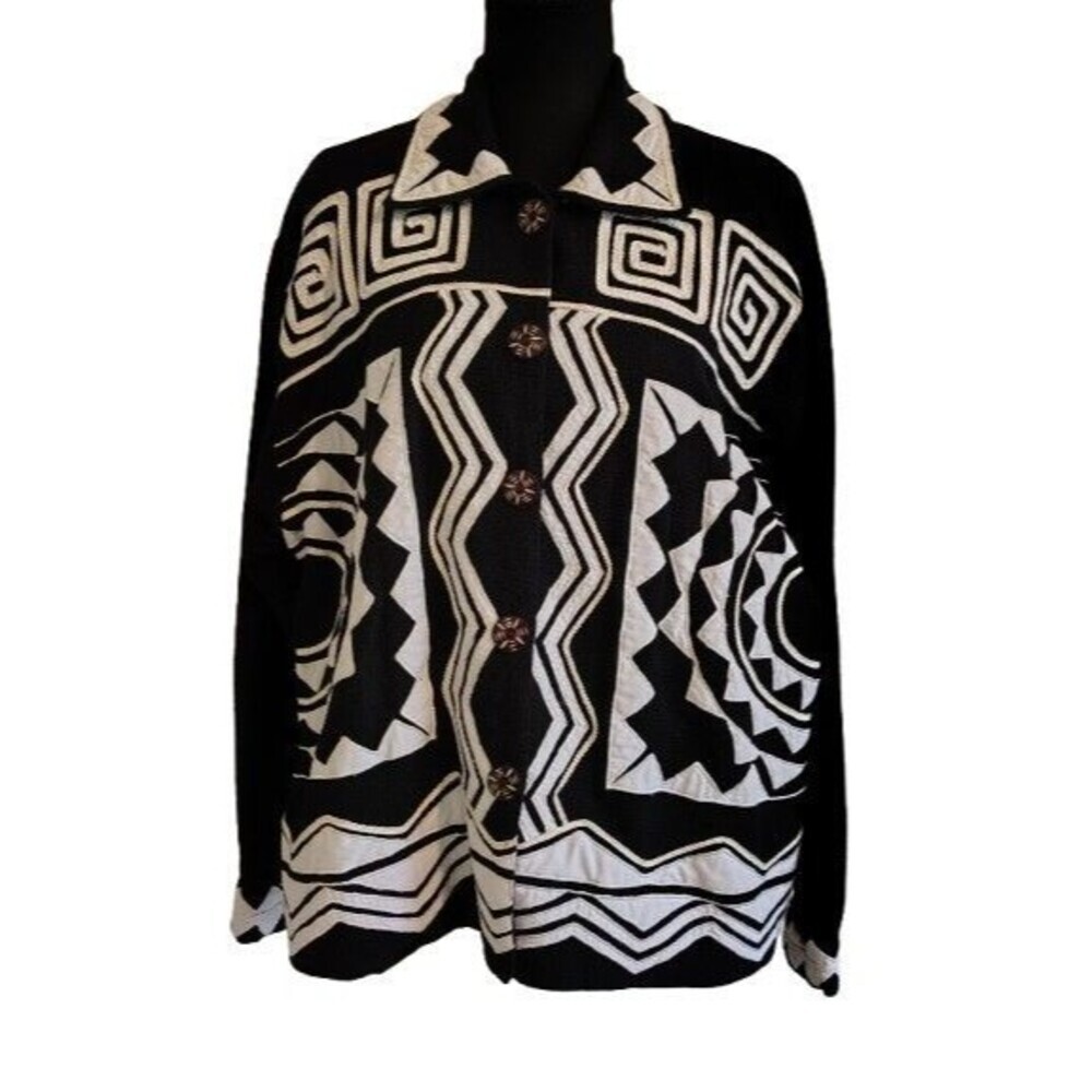 New Direction Vintage Black & White Applique Geometric Waffle Knit Cardigan...